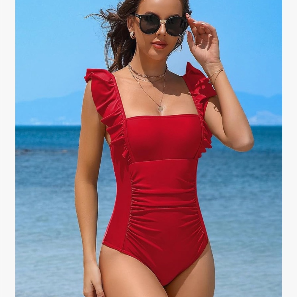 Charmo NWT L Red Ruffled ruched open back sexy tummy control One-Piece Swimsuit